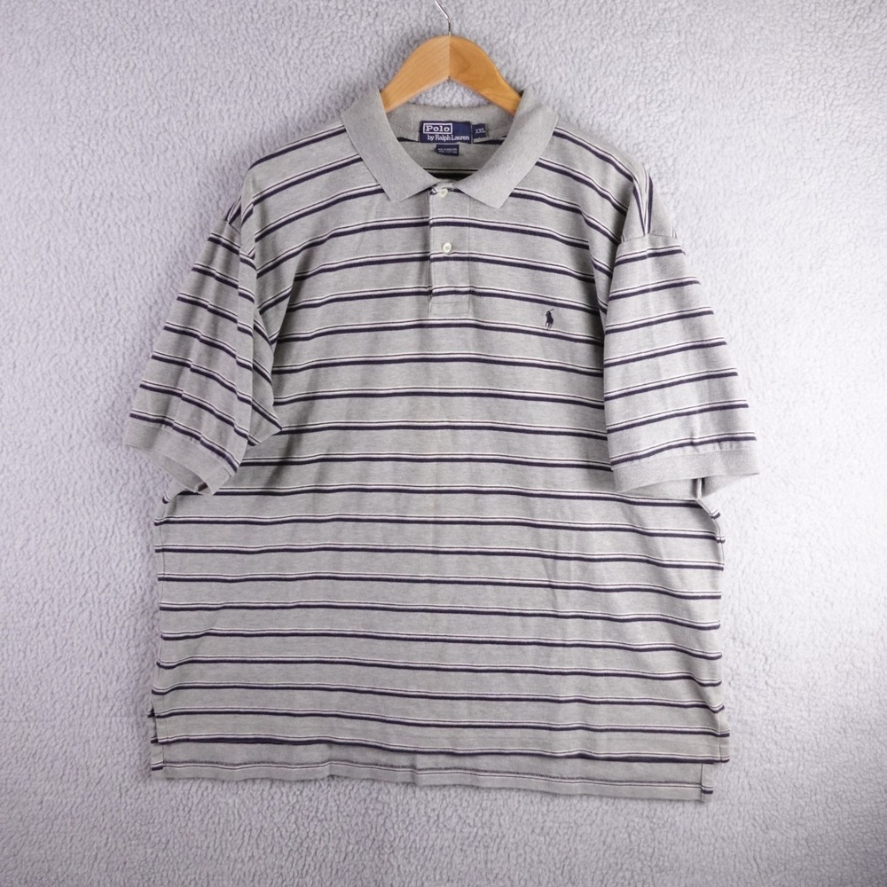 Polo Ralph Lauren Mens XXL Grey Navy Blue Striped Short Sleeve Pique Polo Shirt‎